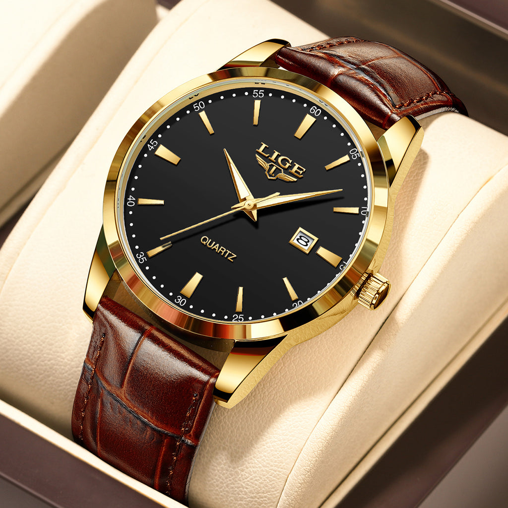 LIGE Fashion Brown Faux Leather Watch for Men, Sports Quartz Wristwatch, Casual Chronograph