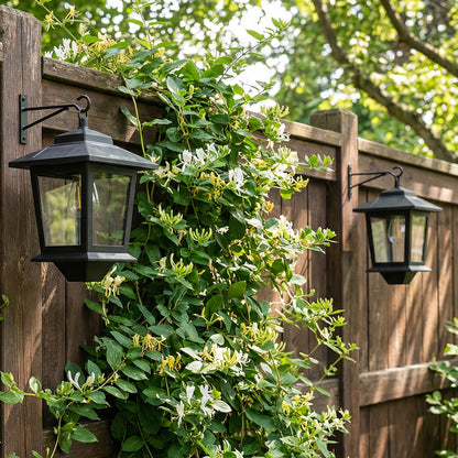 2 Pack Solar Wall Lanterns | Outdoor Hanging Solar Lights with 4 Solar Panels, Dusk to Dawn LED, Anti-Rust, 3000K Warm White, Metal Material