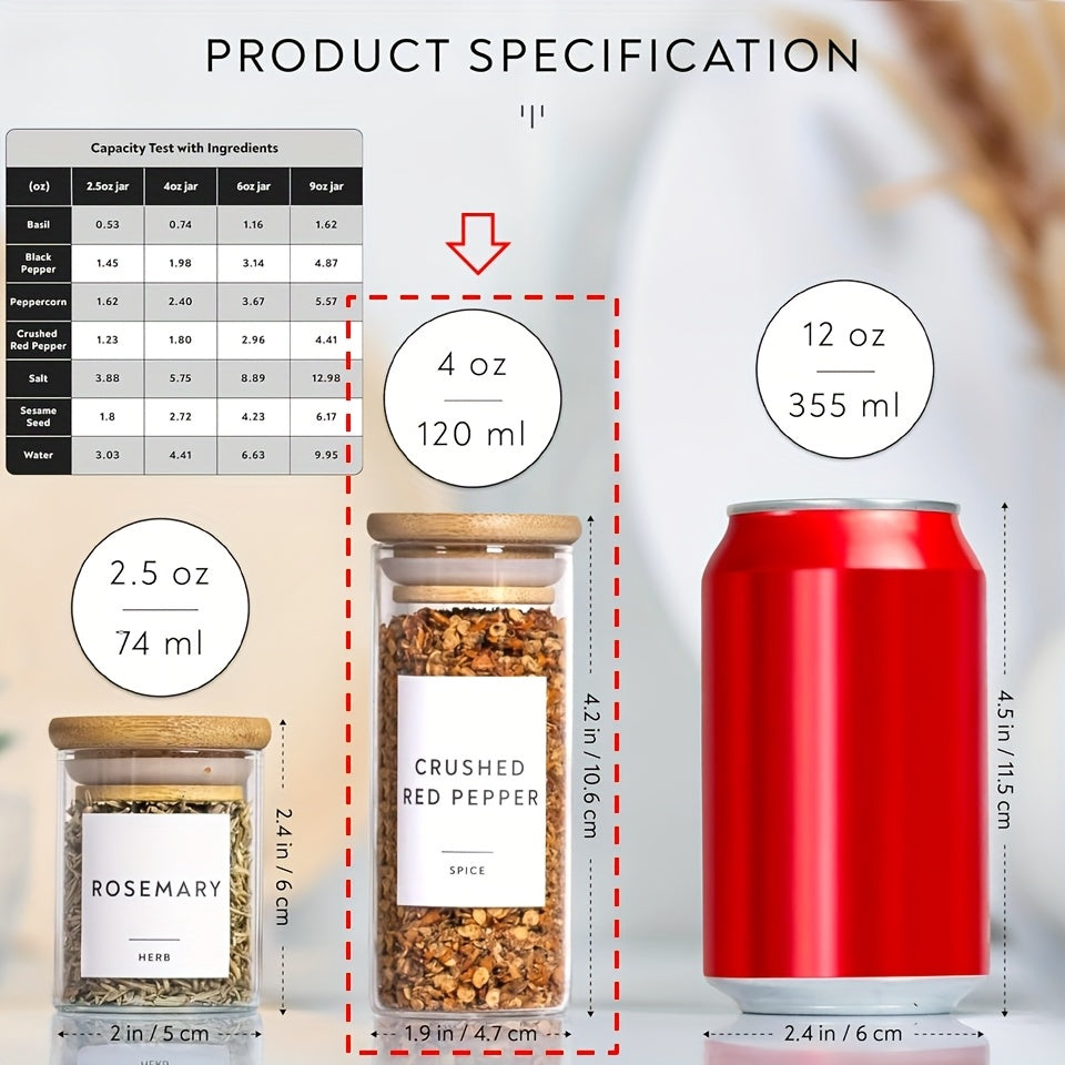 20pcs Glass Pantry Canister Set with Bamboo Lids, Measuring Spoon, Funnel & Brush - 4oz Round Jars, Labels & Pen for Spice, Dry Storage - Glass Container System (Reusable Glass Canisters)