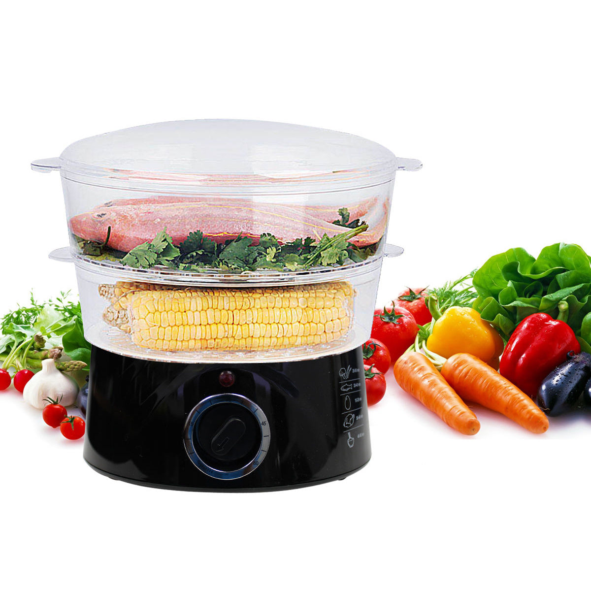 5L Steam Cooker Steamer 2 Tray 400W Power Dial Timer Healthy Stackable