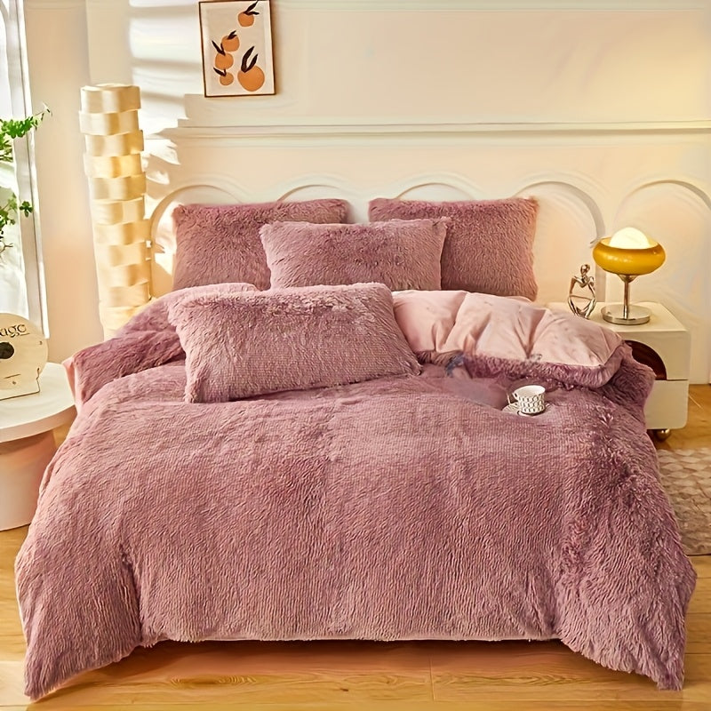 Queen/King Size 400TC Luxury Plush Long Fur Duvet Cover Set 100% Polyester | 3pcs-1Quilt Cover 2Pillowcases- No Duvet Insert Included, Christmas Present Warm And Breathable All-Season Bedroom Decor