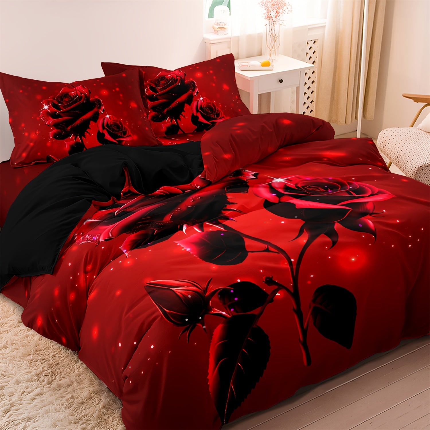 3pcs Red Romantic Rose Print Duvet Cover Set - Includes 1 Duvet Cover And 2 Pillowcases, Breathable Polyester, Machine Washable - Perfect for All Seasons, Single/Double/Queen/King Size, Couple Bedding
