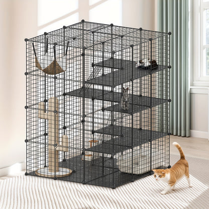 Advwin Cat Cage 4-Tier 141cm Large Enclosure with Hammock, DIY Pet Playpen, Detachable Metal Wire Crate for 1-4 Cats, Indoor/Outdoor Small Animal House with Secure Safety Door