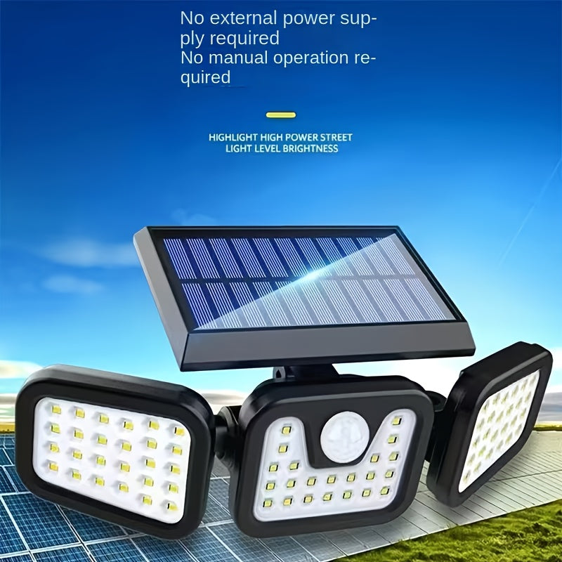 2/1pc 74LED Solar Outdoor Three-Head Sensor Wall Lamp, IP55 with 74 LED Light Beads, Wide-Angle Lighting, 3 Modes, Suitable for Garden, Courtyard, Street, Garage, Terrace And Porch Lighting