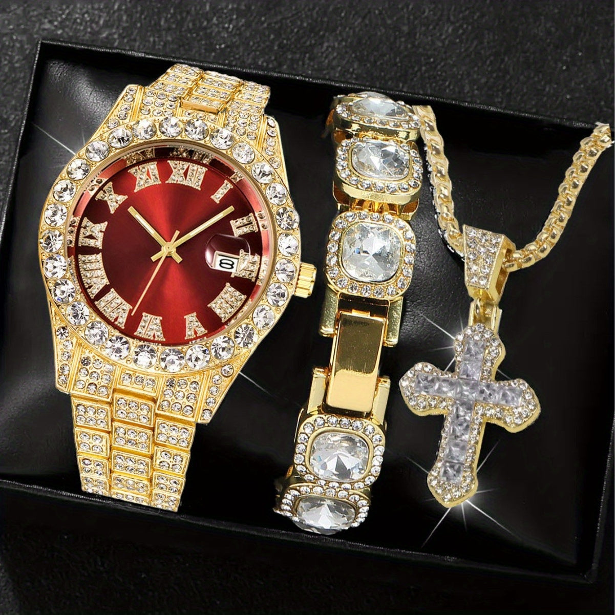[Men's Watch Set] Luxury Men's Watch, Including Artificial Faux Gemstone Bracelet and Cross Necklace, Roman Numeral Dial Inlaid with Rhinestones, Perfect Gift, a Must for Parties