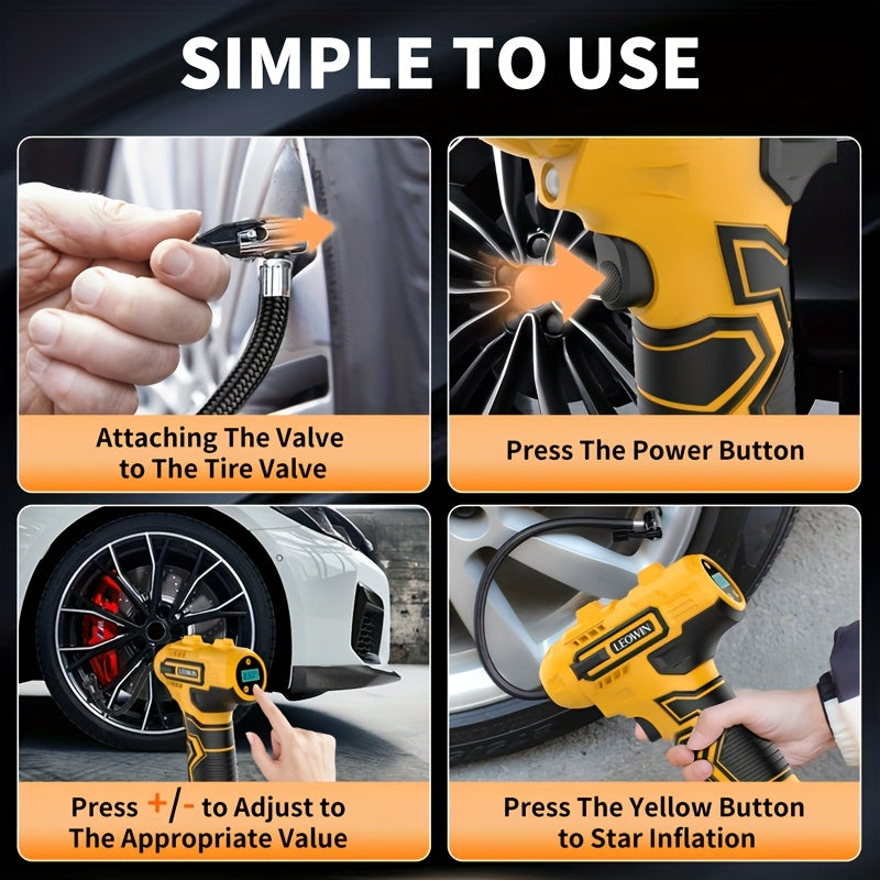 Cordless Tire Inflator Portable Air Compressor with Auto-Shutoff, with Digital Pressure Gauge/LED Light,, for Car, Motorcycle, Bike, Ball - Compact, Rechargeable, Christmas Gift