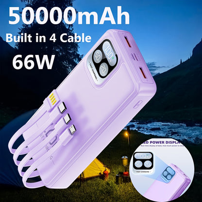 Protable Power Bank 50000mAh Battery Pack with 4 Cable Fast Charging Mini Ultra-thin Built In 4 Cables for Mobile Power Supply Dual Input USB Tpye-C Output Fast Charging for Camping Hiking Travel Mother's Gift