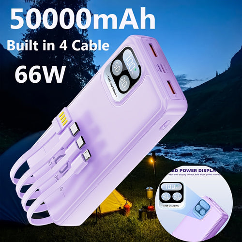 Protable Power Bank 50000mAh Battery Pack with 4 Cable Fast Charging Mini Ultra-thin Built In 4 Cables for Mobile Power Supply Dual Input USB Tpye-C Output Fast Charging for Camping Hiking Travel Mother's Gift