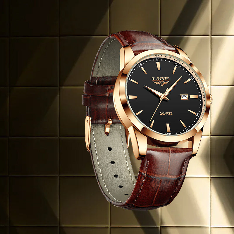LIGE Fashion New Quartz Watch with Glow Businessmen Watch Single Calendar Three Needle Simple Pu Leather Band Watch Men's Business Watch