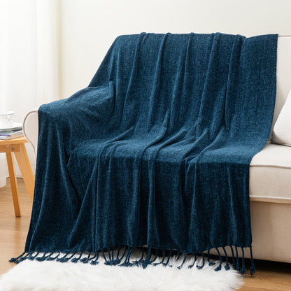 Chenille Throw Blanket for Couch, Decorative Fringe Velvety Throw Blanket for Sofa Home Decor, 127.0cm x 152.4cm