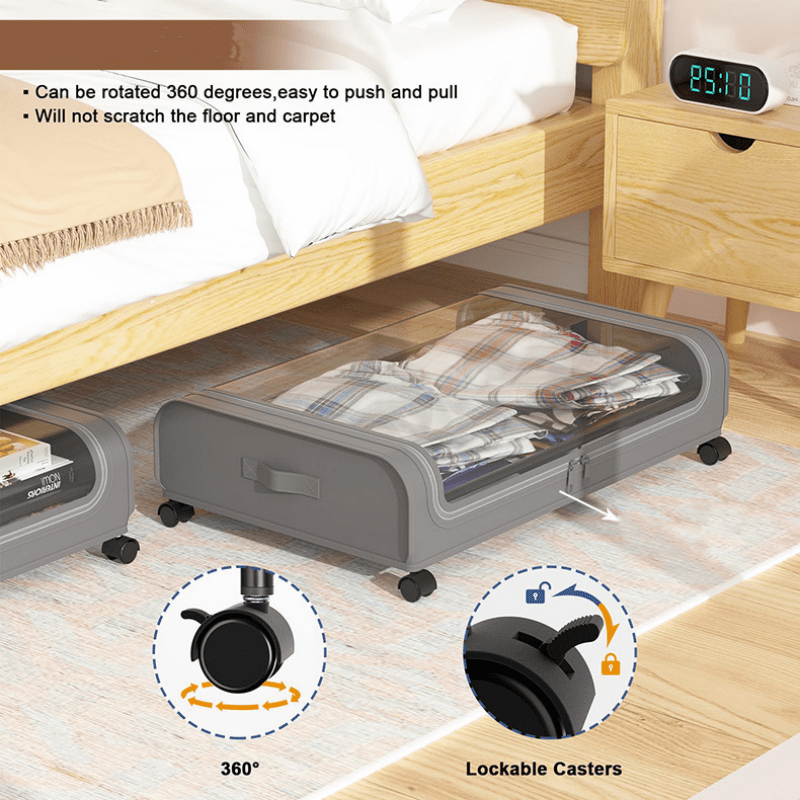 2pcs Underbed Storage Box with Wheels, Tool Free Assembly, Foldable Shoe Storage Box with Lid_ Black, Under-Bed Storage