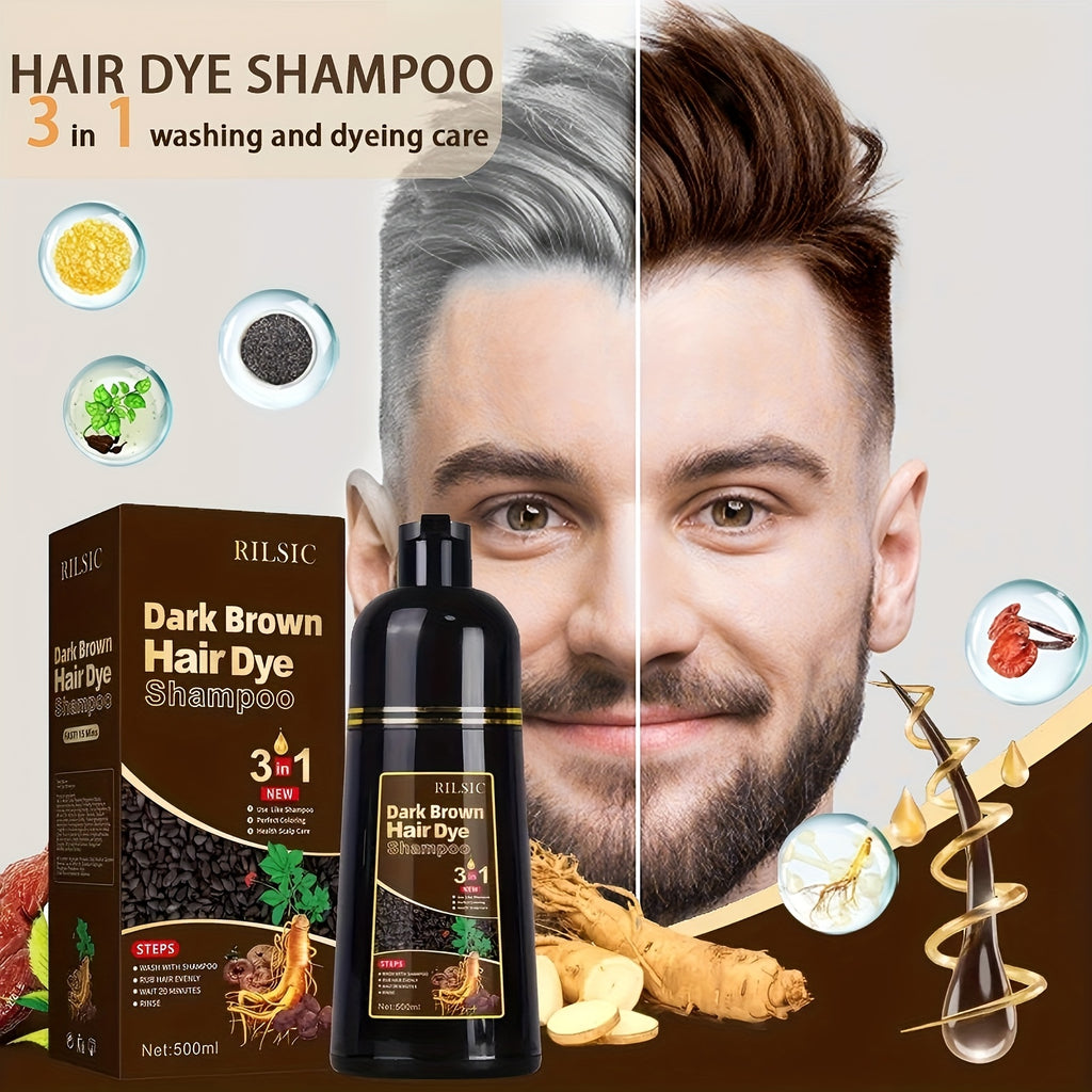 RILSIC 1pc Black Hair Dye Shampoo 3 IN 1, 100% Grey Hair Coverage, Natural Herbal Ingredients Hair Dye Coloring in Minutes, Long Lasting-Safe And Easy to Use, Gifts for Women And Men 500Ml
