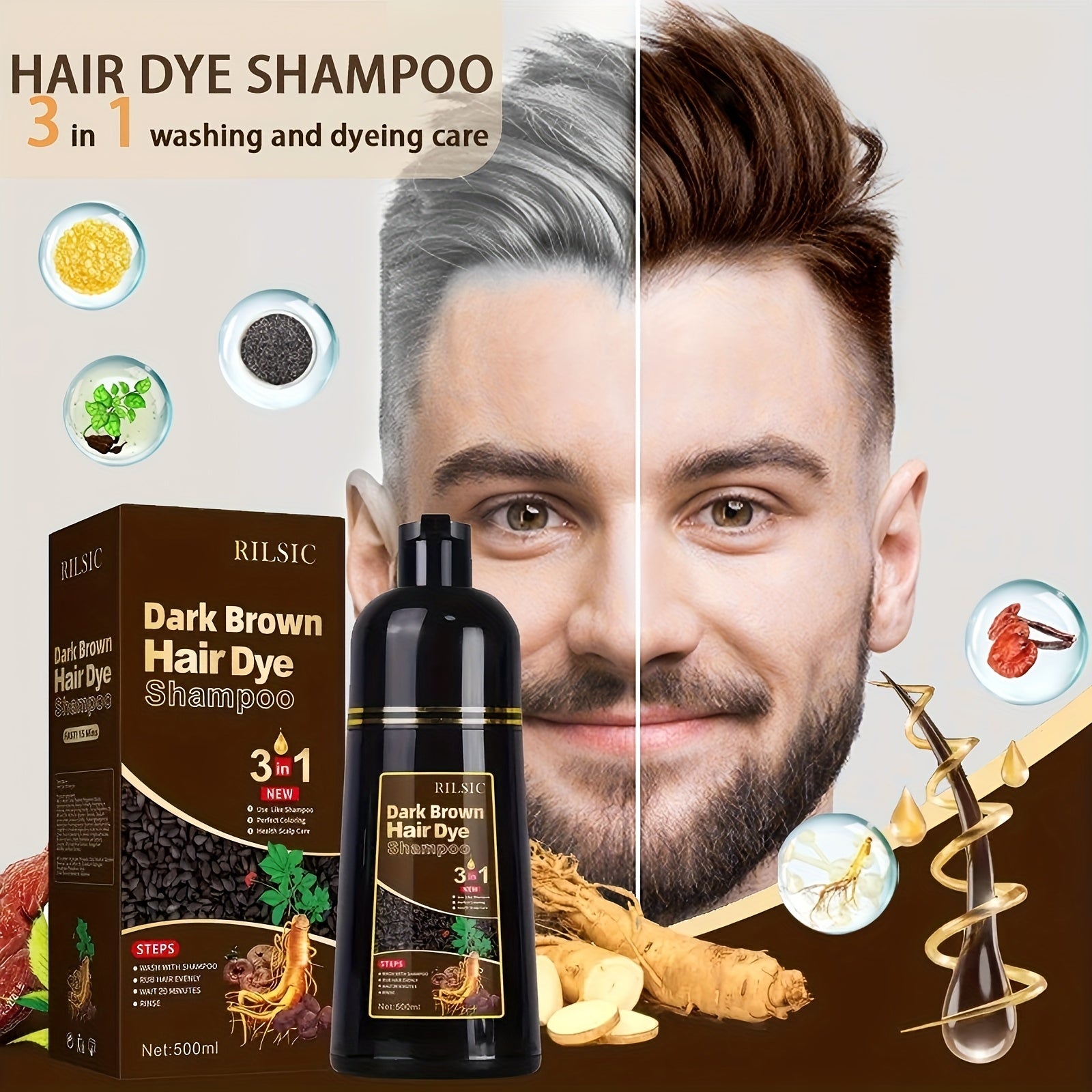 RILSIC 1pc Black Hair Dye Shampoo 3 IN 1, 100% Grey Hair Coverage, Natural Herbal Ingredients Hair Dye Coloring in Minutes, Long Lasting-Safe And Easy to Use, Gifts for Women And Men 500Ml