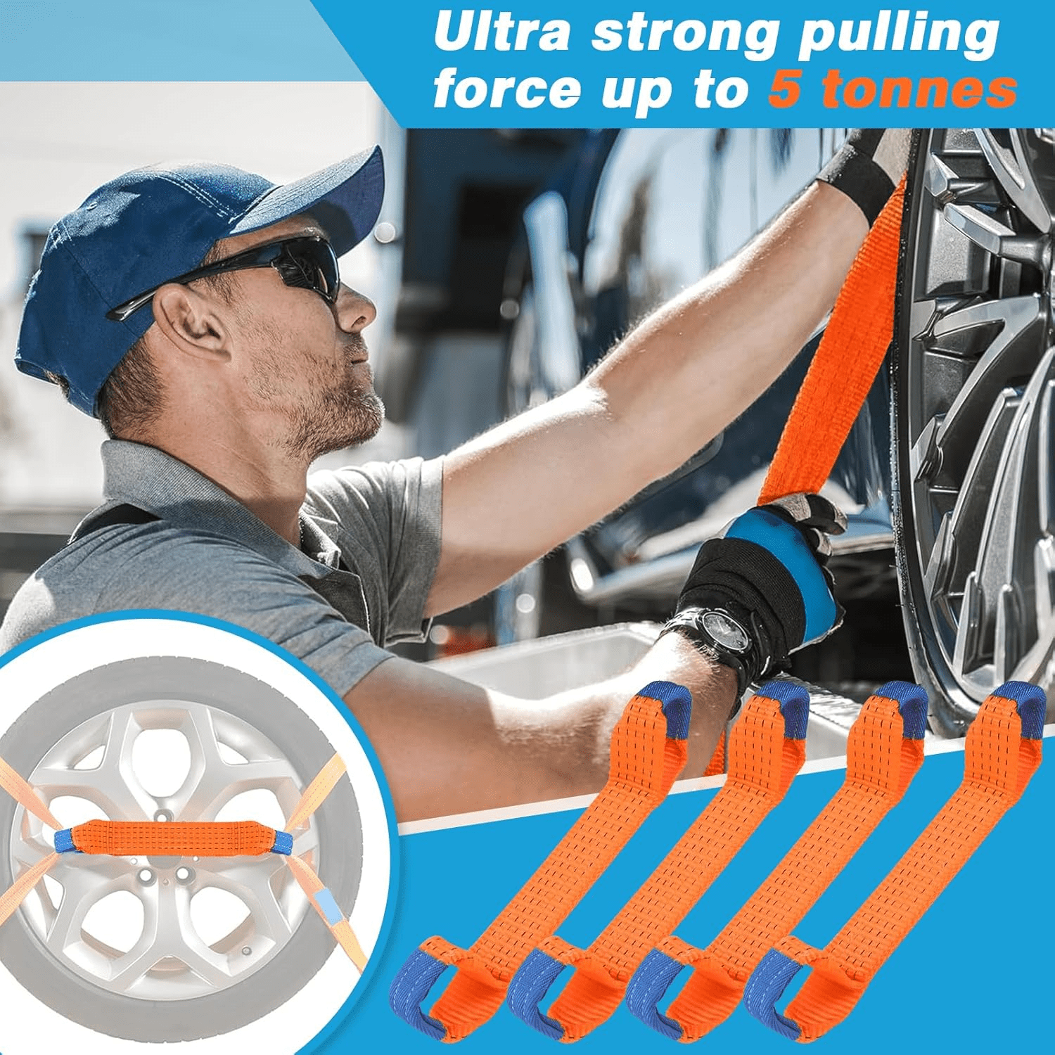 4pcs Heavy-Duty Vehicle Tie Down Straps, Vehicle Transport Tie-Down Straps - Universal - 4pcs - 50mm Width - Abrasion-Resistant - Non-Slip - Reusable Linen Ratchet Straps with Secure Tie-Off Hooks - Reusable Load Suitable for Cars, Trailer, and Roof Rack,