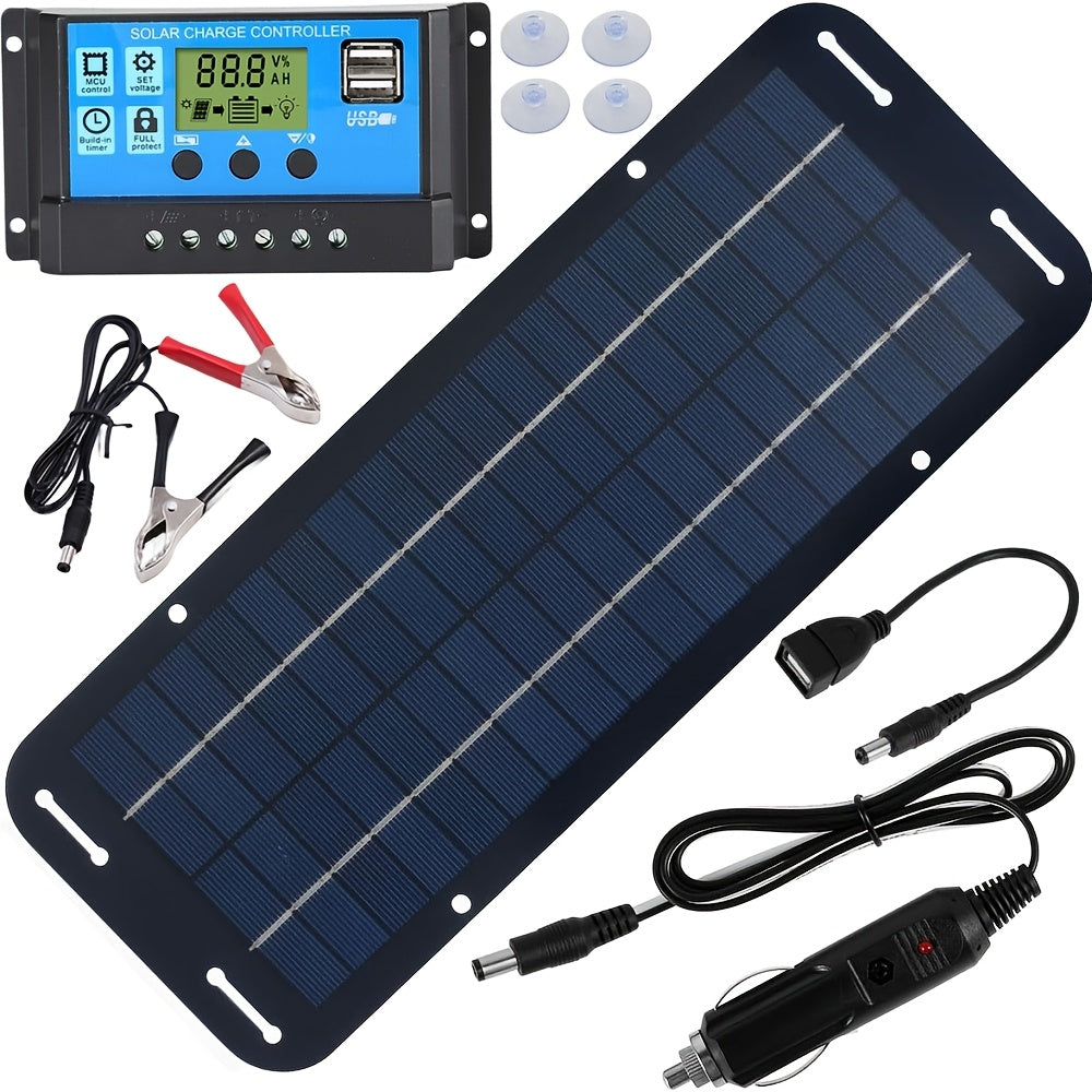 Solar Panel Kit, 12V Solar Trickle Charger, Portable Solar Powered Charger Kit with 4 Suction Cups, Alligator Clips & Cigarette Lighter Plug - High-Efficiency Battery Charging for Car, RV, Boat, Motorcycle, Patio, Backyard & Camping Equipment