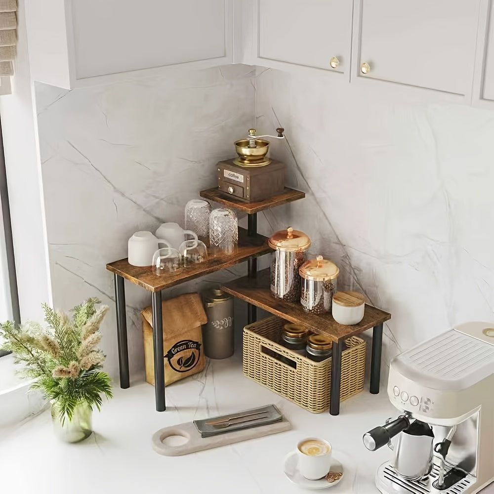 3-Tier Adjustable Corner Shelf - Heavy-Duty Wood -Shaped Cabinet Shelf with Space-Saving Shelves, Assembly for over Sink, Dresser, Kitchen & Bathroom - Rustic Brown Countertop Organizer (Assembly Required) Suitable for Kitchen, Bathroom, Coffee