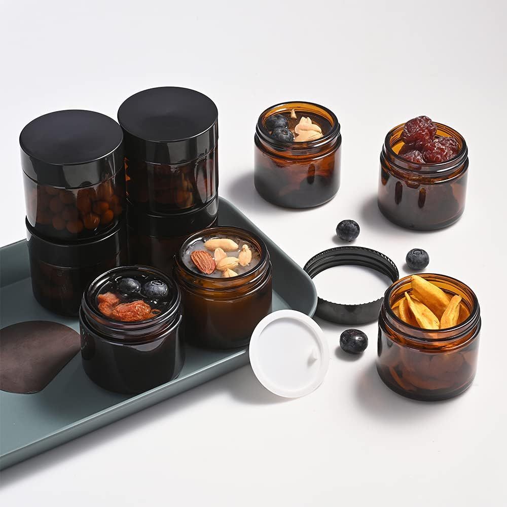 20pcs 50g Amber Glass Cosmetic Jars with Black Lids - Refillable Travel-Sized Containers for Lotion, Face Cream, Lip Balm & Salve | Light-Protecting Round Vials, Leak-Proof Twist Lids, Clear Glass for Easy Identification, Cosmetic Glass Jars