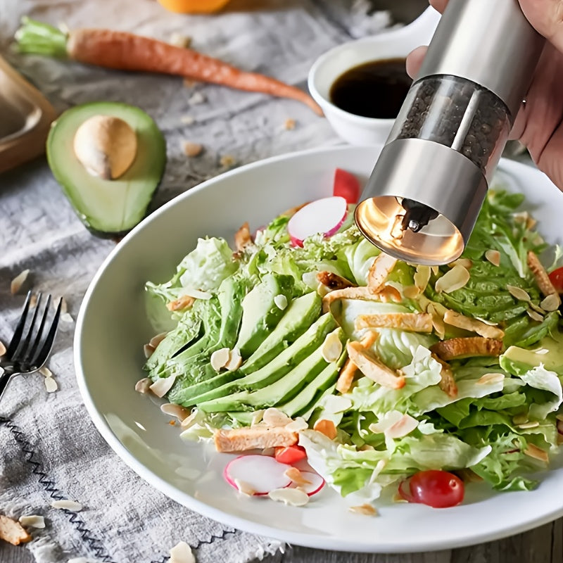 Electric Salt And Pepper Grinder Set (2pcs Set) - Stainless Steel Battery Powered Salt And Pepper Grinder with Light - Free Grinder Rack - One Handed Adjustable Ceramic Grinder Easy to Grip, Easy to Use, Stylish Modern Design
