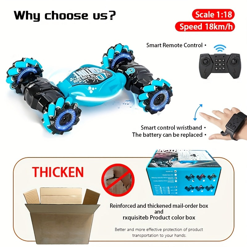 Hand Motion Controlled RC Stunt Car - 1:18 Scale All-Terrain Monster Truck, 360° Flips & Gravity Sensing, with & LED Stunt Dance, Ready-To-Play Gift for Kids Ages