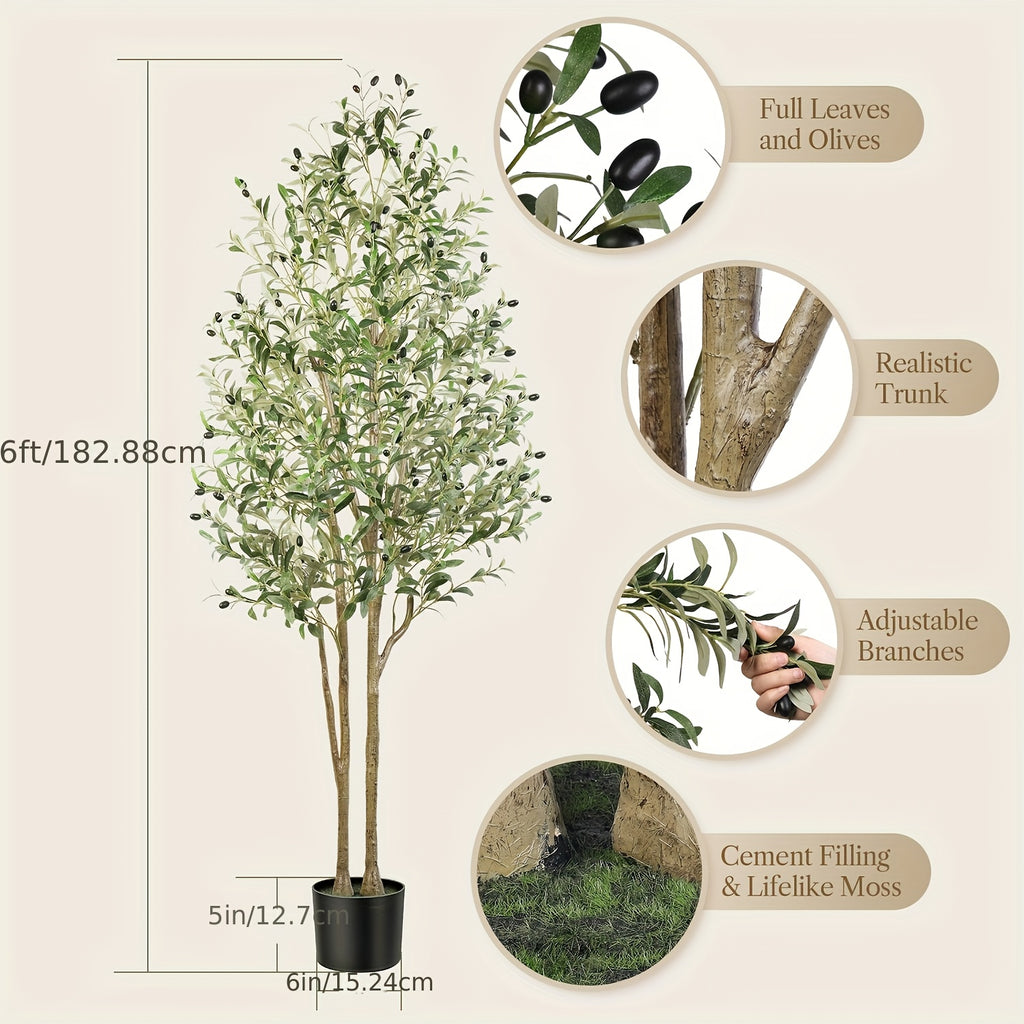 1.2/1.5/1.8/2.1m Artificial Olive Tree Faux Silk Plant, Thick Branches And Leaves, Indoor Fake Olive Tree with Natural Wood Trunk & Lifelike Fruits, Perfect for Modern Home Office And Living Room Floor Decor