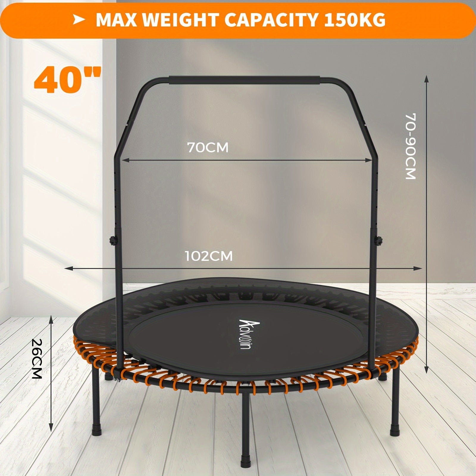 Advwin 101.6cm/121.92cm Rebounder Mini Trampoline Fitness Trampolines with Adjustable Foam Handle