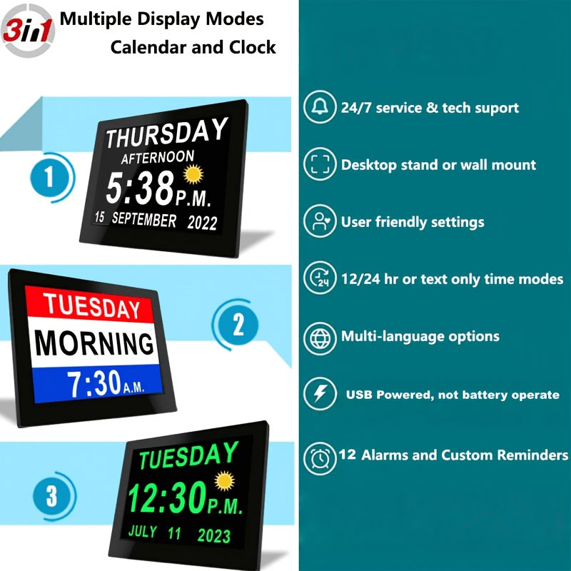 Multiple Reminders Clock, Day Clock with Sun/Moon Icons for Elderly, Sleep Trainer, Memory Digital Clock with Date And Day of Week for Elderly-12 Alarms Medication Reminder Dementia Alzheimer'S Clock Calendar with Extra Large Display, Frame Clock