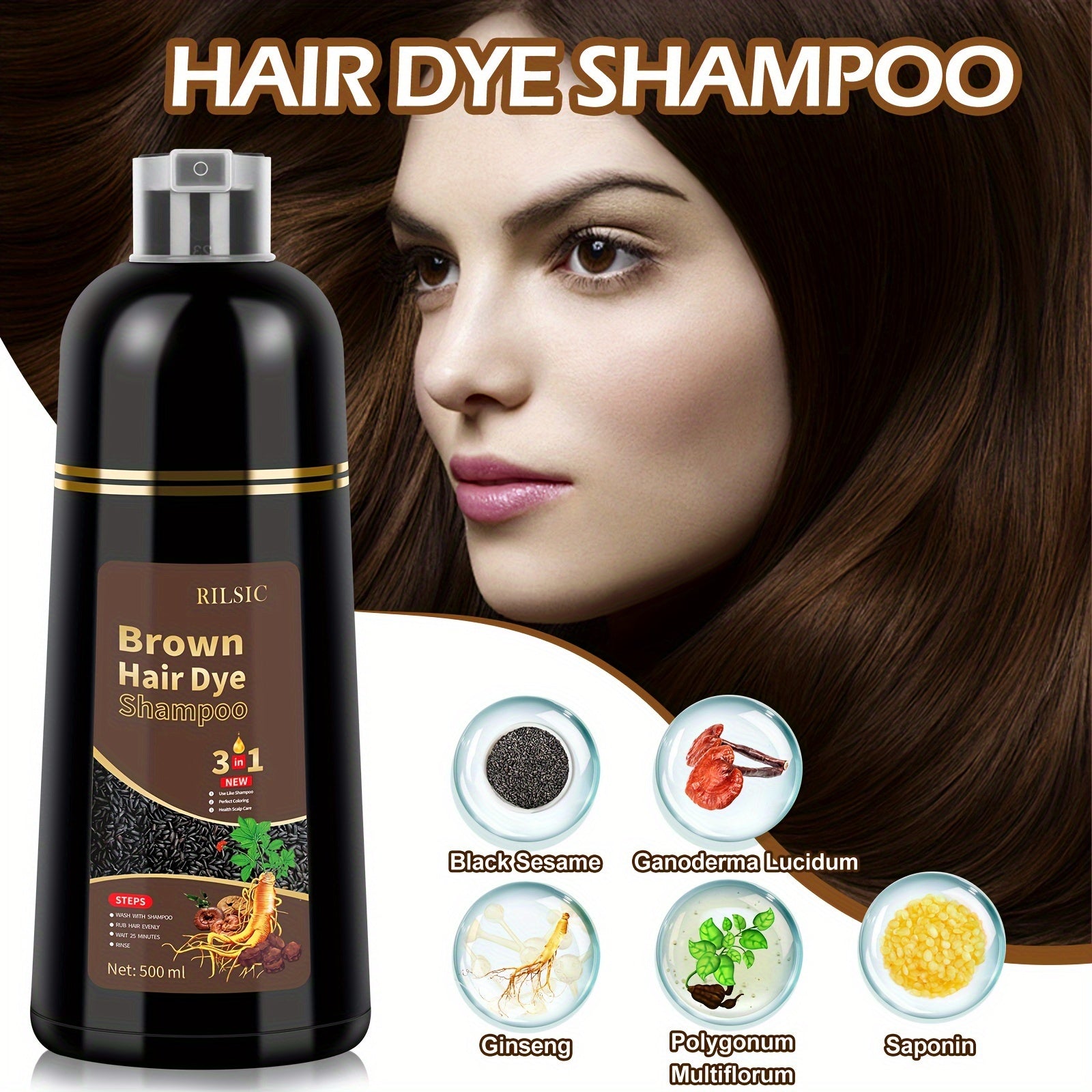 1pc Hair Dye Shampoo for Grey Hair, 500ml Herbal Natural Hair Dye 3in 1, Instant Hair Colour Shampoo with 10 Gloves, 2 Earmuffs, 1 Headgear, And 1 Shampoo ShawlHair. Hair Dye Hair Color Shampoo Coloring In Minutes for Women Men(Four Colors)