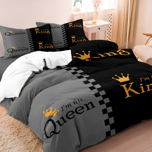 [Duvet Cover Set] 3pcs Duvet Cover Set (1*Duvet Cover + 2*Pillowcase, Without Core), Fashion Black And Grey Crown Design Print Bedding Set, Soft Comfortable Breathable Duvet Cover, For Bedroom Guest Room Hotel, Bedroom Decorations, Queen & King Size, Loca