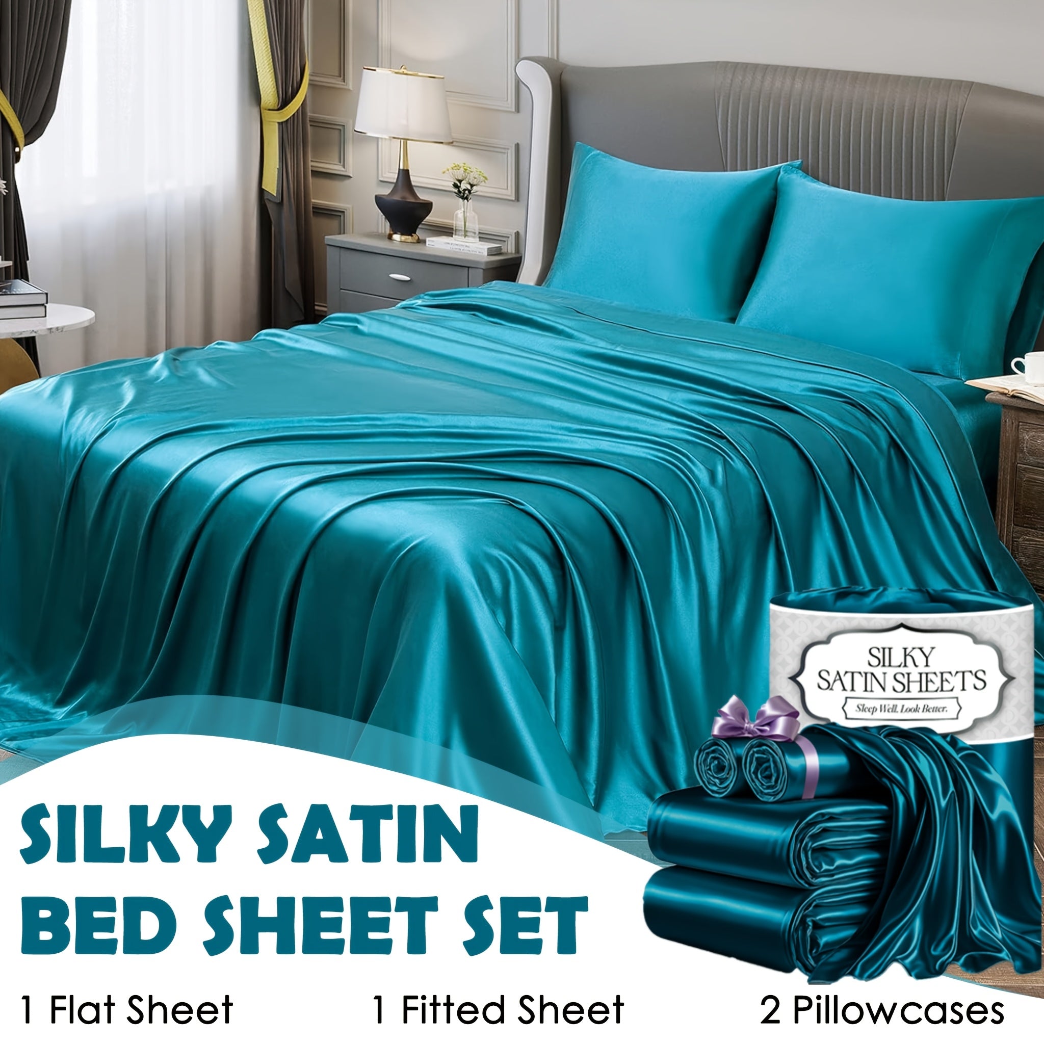 4pcs Satin Bed Sheets - Luxury Y Queen Size Bedding - Softer Than, Wrinkle-Free with 40.64cm Deep Pocket Fitted Sheet, Perfect for Hair & Skin, Gifts for Women