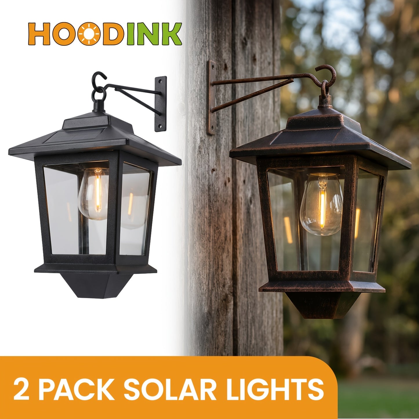 2 Pack Solar Wall Lanterns | Outdoor Hanging Solar Lights with 4 Solar Panels, Dusk to Dawn LED, Anti-Rust, 3000K Warm White, Metal Material