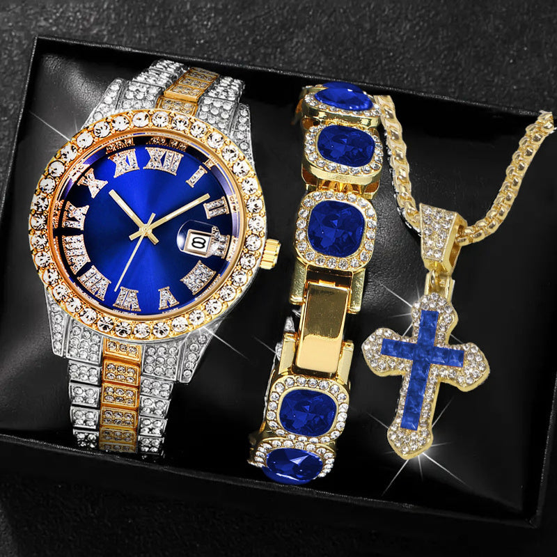 [Men's Watch Set] Luxury Men's Watch, Including Artificial Faux Gemstone Bracelet and Cross Necklace, Roman Numeral Dial Inlaid with Rhinestones, Perfect Gift, a Must for Parties