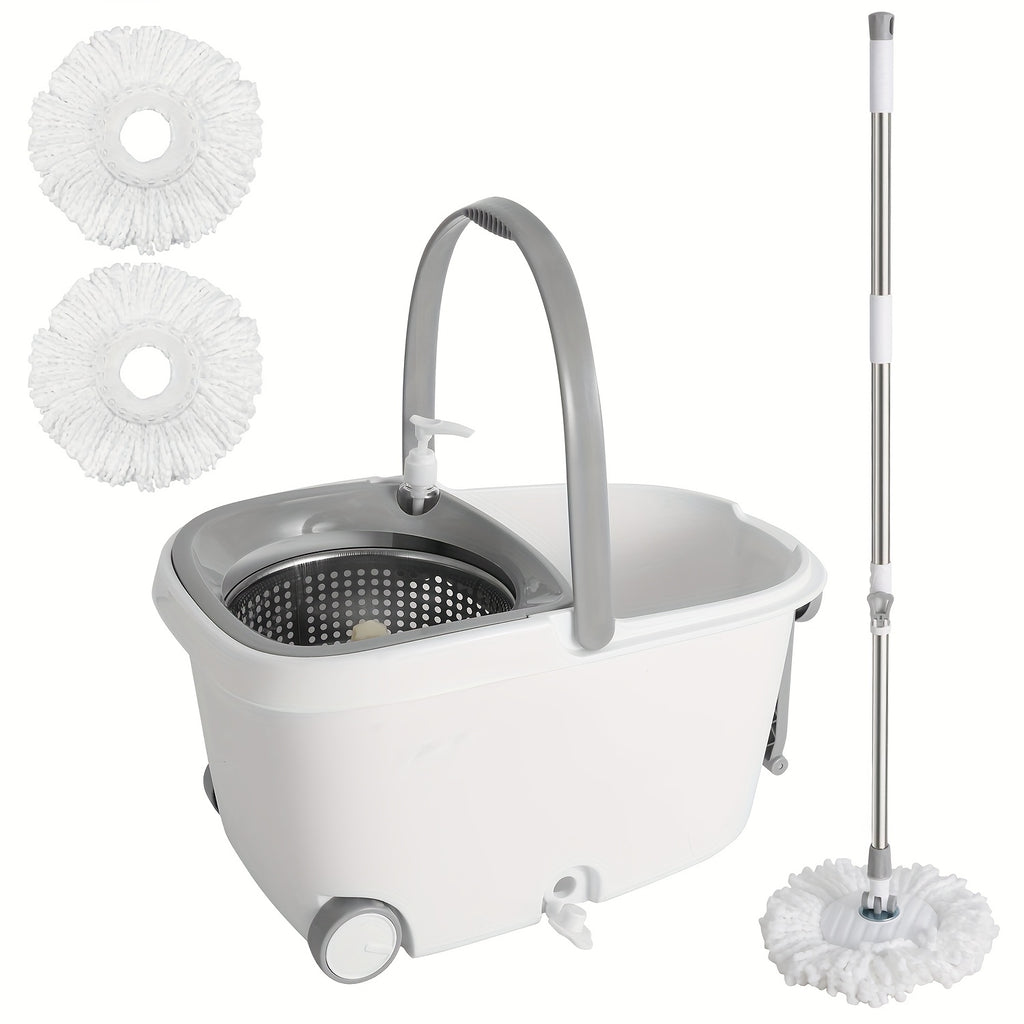 1pc Mop and Bucket Set with Wringer, Plastic, 360° Spinning Mop Bucket System, 2 Microfiber Mop Replacement Heads, Adjustable Handle, for Floor Cleaning, Black/White/Green