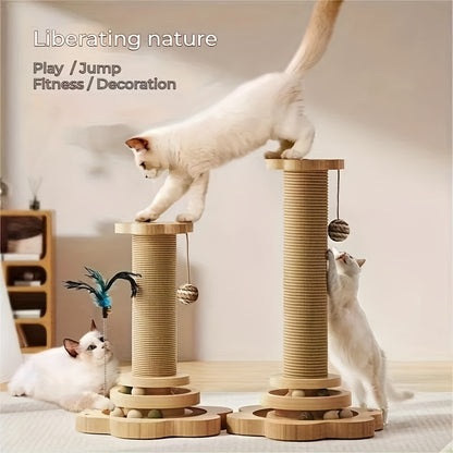 Cat Scratching Post with Spinning Toys, Wearing artificial feathers,Sisal Scratching Rack for Indoor Cats, Cat Toys for Cats' Claws And Entertaining.