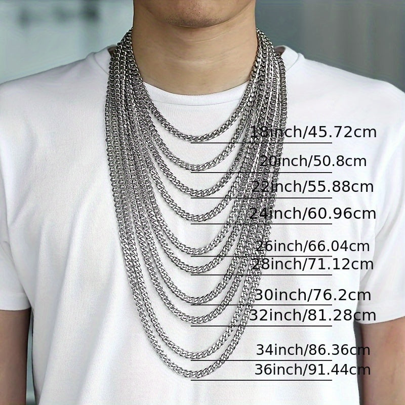 A Stylish And Attractive Necklace Made of Stainless Steel, Featuring a Cuban Curb Chain Design, Available in Lengths from 16 to 76.2 cm And Widths of 3, 5, 7, 9, Or 11 Mm, Suitable for Men