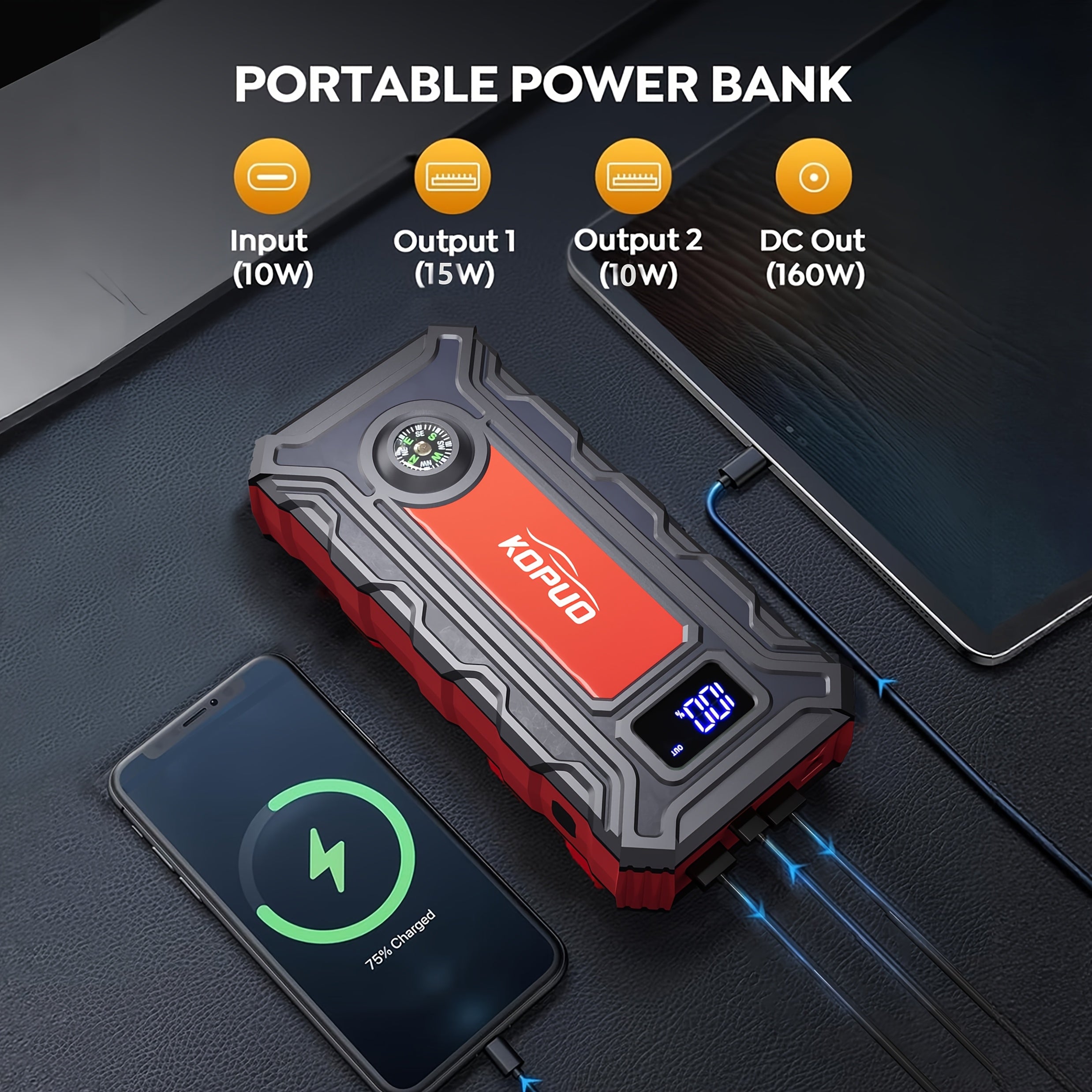 KOPUO 6000A/7000A Jump Starter Optional 10000A Peak 12V Car Jump Starter With Air Compressor, Heavy Duty Jump Starter Battery Pack With 150PSI Portable Tyre Inflator, Battery Booster Power Bank With LCD Display And LED Light