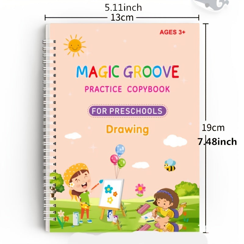 12pcs Magic Grooved Practice Copybook, Reusable Magic Copybooks, Magical Handwriting Workbooks Number Letter Tracing, Grooves Template Design And Handwriting Aid