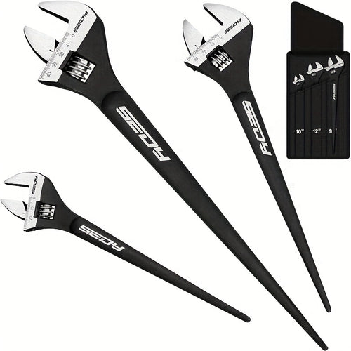SEDY 3pcs Adjustable Wrench Collection, Featuring 25.4/30.48/40.64 cm Spud Wrenches, Finished in Black Oxide, Made from CR-V Steel, with Both SAE And Metric Measurements, Alignment Holes, And a Tail Crowbar Design