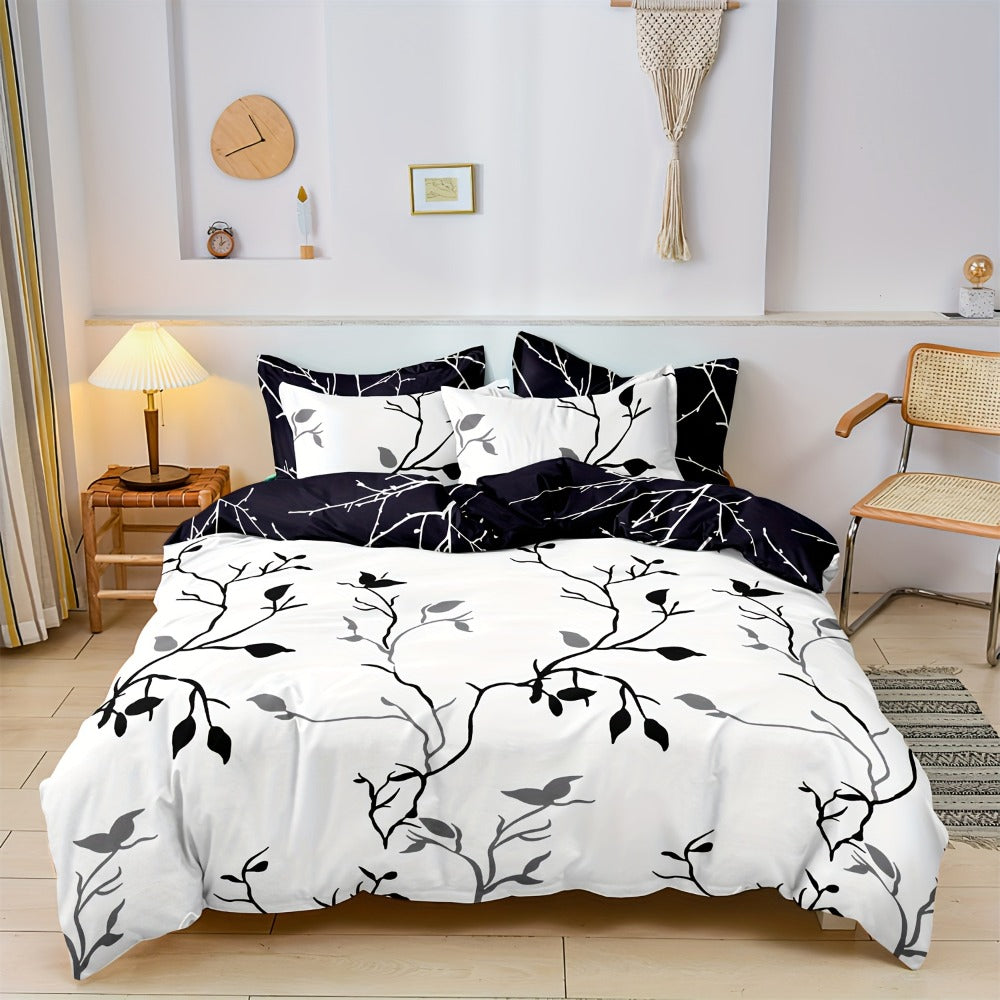 Double-Sided Plant Print Duvet Cover Set – 3-Piece Bedroom Bedding – design and construction details