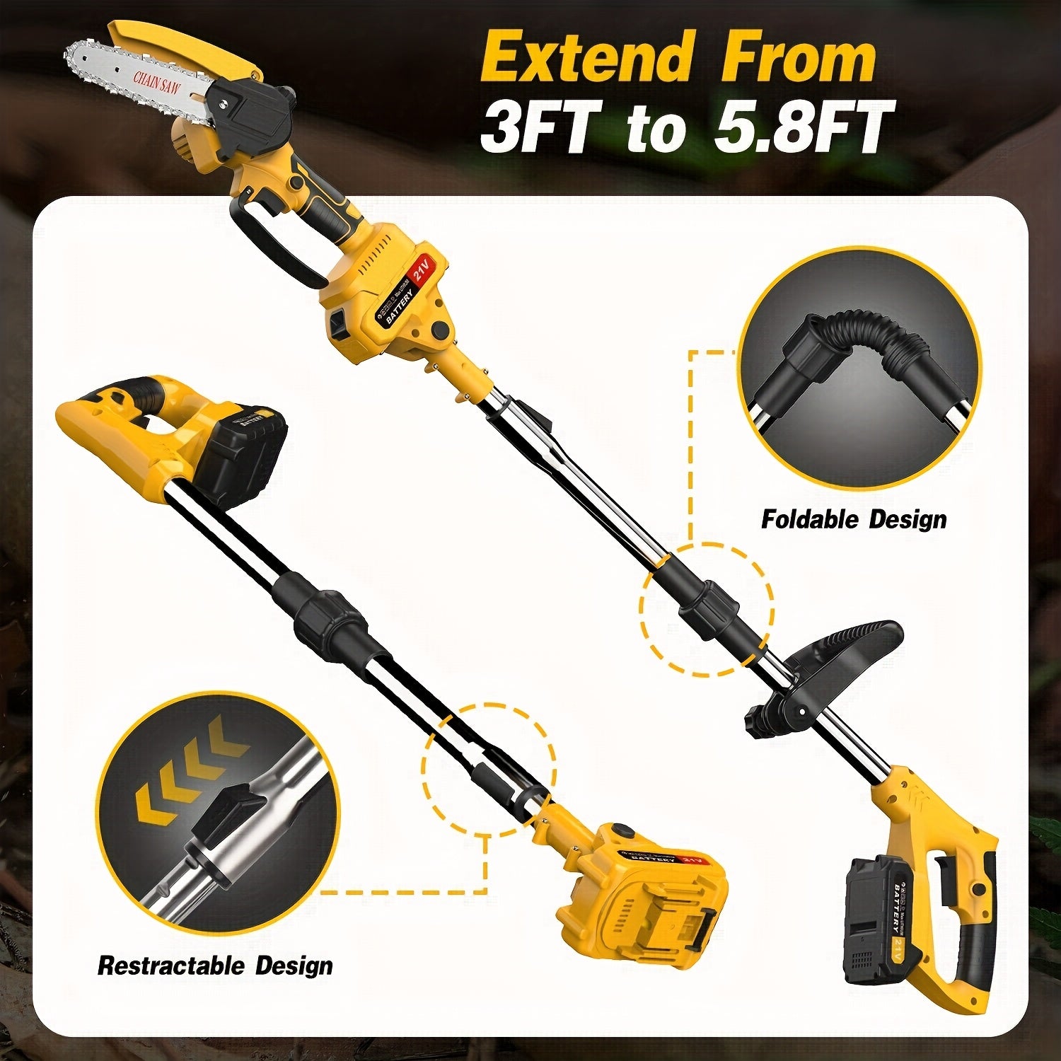 2-in-1 Electric Pole Saws for Tree Trimming, 15.24 cm Mini Chainsaw Cordless with Extension Pole, Battery Powered Pole Chain Saw, Tree Trimmer Limb Branch Cutter Pruner with 2 Battery