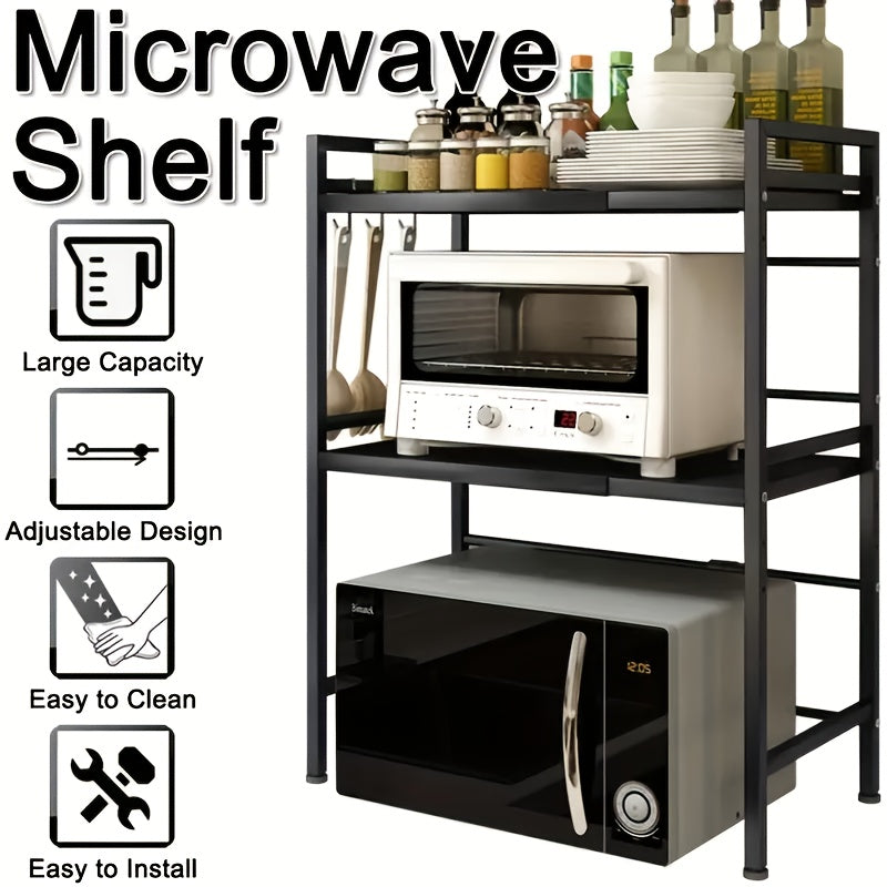 3-Tier Adjustable Metal Kitchen Rack With Microwave Shelf- Black, Expandable Metal Microwave Oven Rack Shelf, Countertop Organizer, Cupboard Stand Spice Rack, Cabinet Pantry Shelf, Organization And Storage For Kitchen Bathroom