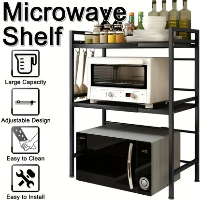 3-Tier Adjustable Metal Kitchen Rack With Microwave Shelf- Black, Expandable Metal Microwave Oven Rack Shelf, Countertop Organizer, Cupboard Stand Spice Rack, Cabinet Pantry Shelf, Organization And Storage For Kitchen Bathroom