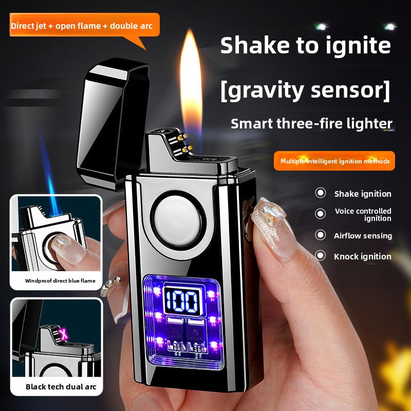 Three-flame Windproof Dual-Jet Flame Lighter, Inflatable Lighter With Electric Charge Display, Voice Controlled, And Capable Of Shaking Ignition, Direct Fire, Double Arc, Suitable For Outdoor Camping And Daily Use, The Ideal Gift Choice For Men