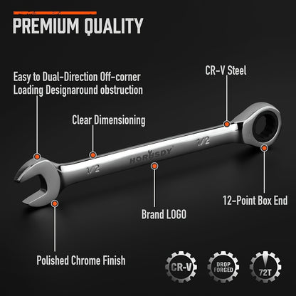 HORUSDY 24pcs Ratchet Spanner Set | Metric And SAE | Ratcheting Spanners Combination Wrenches Set with Organizer | 72-Teeth | Chrome Vanadium Steel | 6-18mm & 1/4" to 3/4"