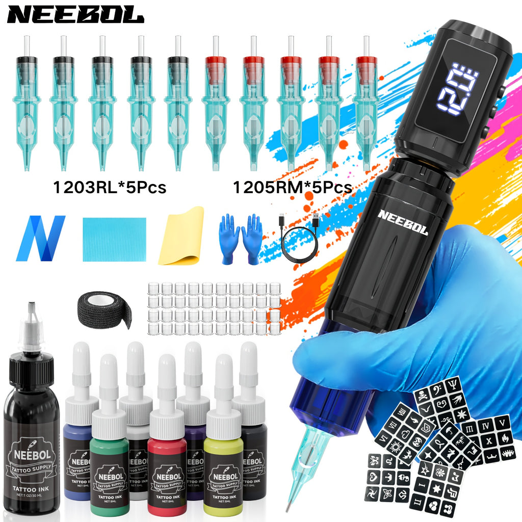 Neebol Wireless Tattoo Machine Kit Complete, Rotary Tattoo Gun With 1500mAH Battery, Tattoo Supply Equipment, Portable Cordless Tattoo Pen For Beginners And Artists, 10 Cartridge Needles, 7 Ink, Extra Black Ink, Body Art Makeup Easter Gifts