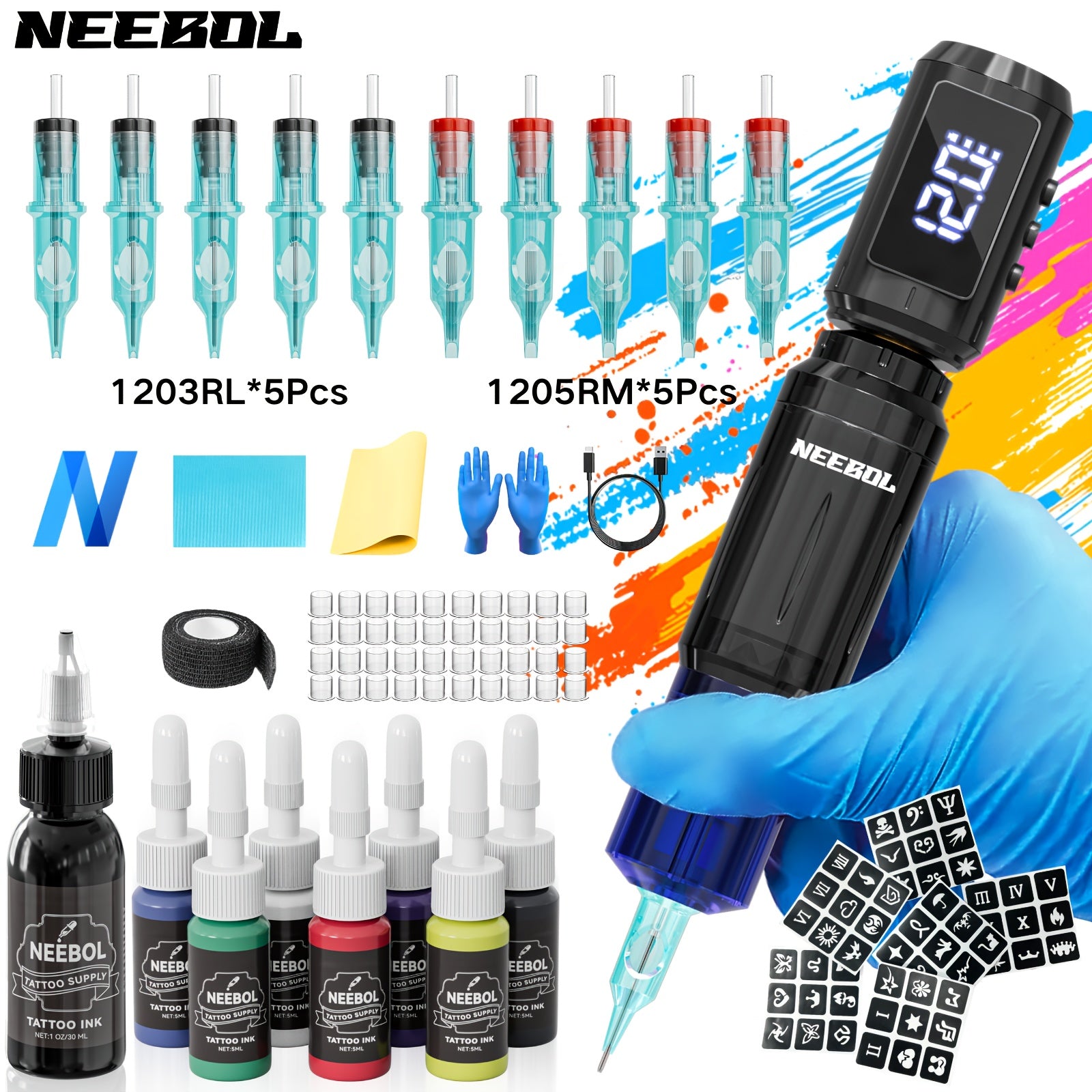 Neebol Wireless Tattoo Machine Kit Complete, Rotary Tattoo Gun With 1500mAH Battery, Tattoo Supply Equipment, Portable Cordless Tattoo Pen For Beginners And Artists, 10 Cartridge Needles, 7 Ink, Extra Black Ink, Body Art Makeup Easter Gifts