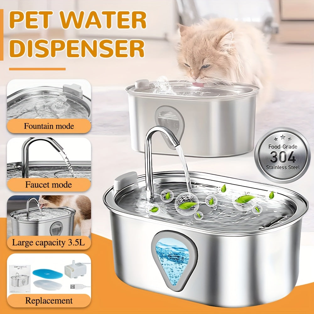 3.5L Automatic Pet Water Fountain with Drop-shaped Window - 304 Stainless Steel Dog & Cat Water Dispenser, USB-Powered, Multi-Filtration System, Silent Operation, Easy to Clean, 2 Flow Modes, No Battery/5V 1A Plug Needed, Suitable for Multiple Pets