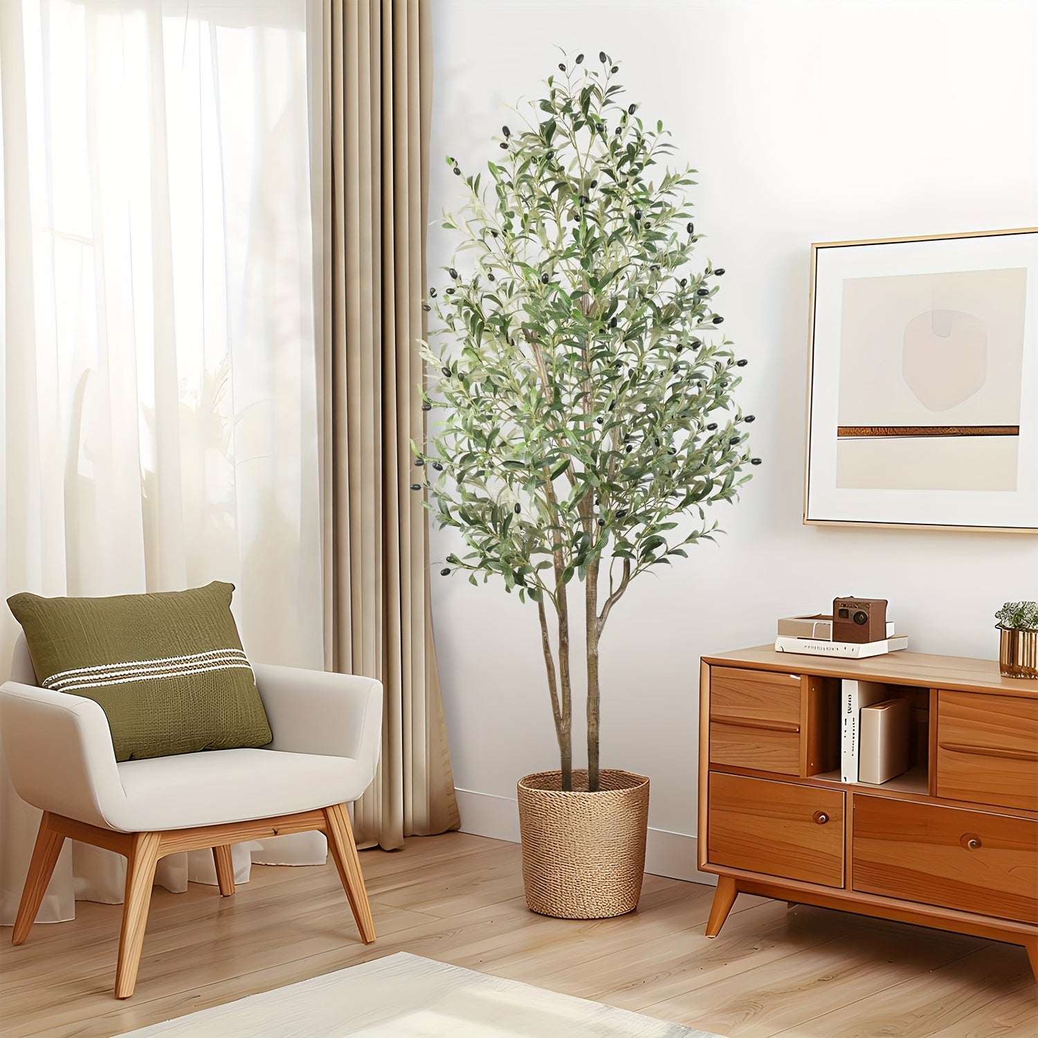 182.88cm Artificial Olive Tree Faux Silk Plant, Indoor Fake Olive Tree with Natural Wood Trunk & Lifelike Fruits, Perfect for Modern Home Office and Living Room Floor Decor, 182.88cm