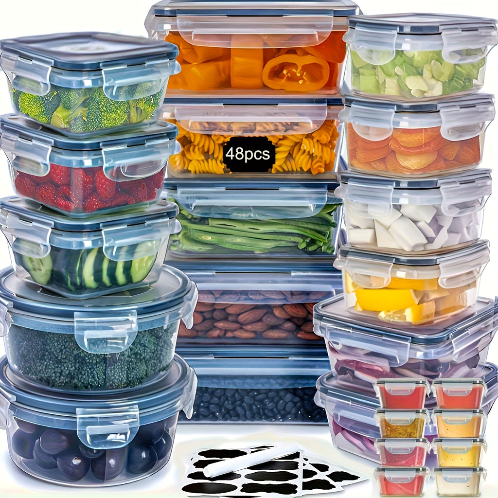 48pcs Airtight Food Storage Containers Set with Easy-Secure Locking Lids (24 Containers + 24 Lids) - Microwave-Safe, Leakproof & Stackable Plastic Food-Safe Round Containers with Labels & Marker for Pantry, Kitchen, Travel, Picnic Organization - Reusable,