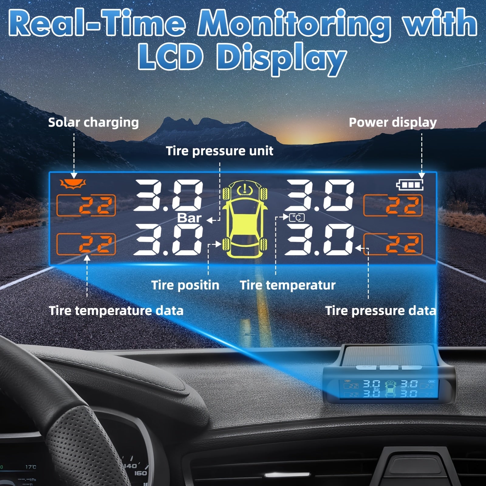 Vehicle Tire Pressure Gauge, Universal Tire Pressure Monitoring System (TPMS), Solar Charging, High-Definition Digital LCD Display, Vehicle Alarm