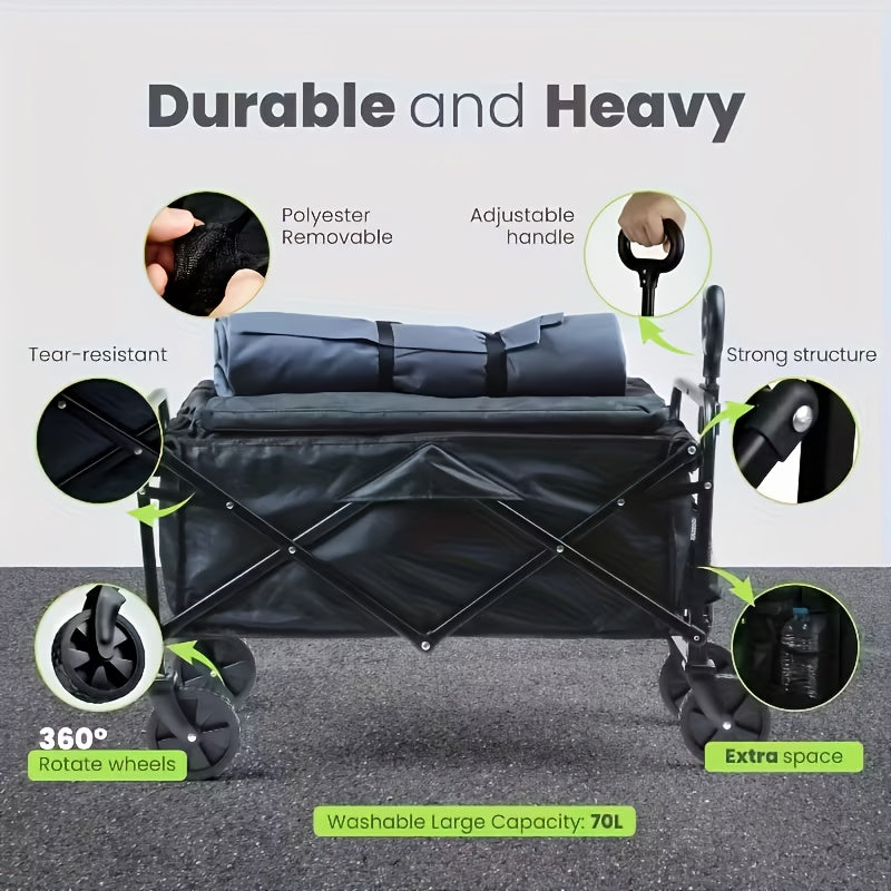 [Beach Cart] Heavy Duty Stainless Steel Foldable Handcart with 360° All-Terrain Wheels - Large Capacity Utility Cart with Adjustable Height, Sturdy Metal Frame & Collapsible Design for Camping, Beach, Travel, Sports, Fishing, Farm Use - Portable with Ergo